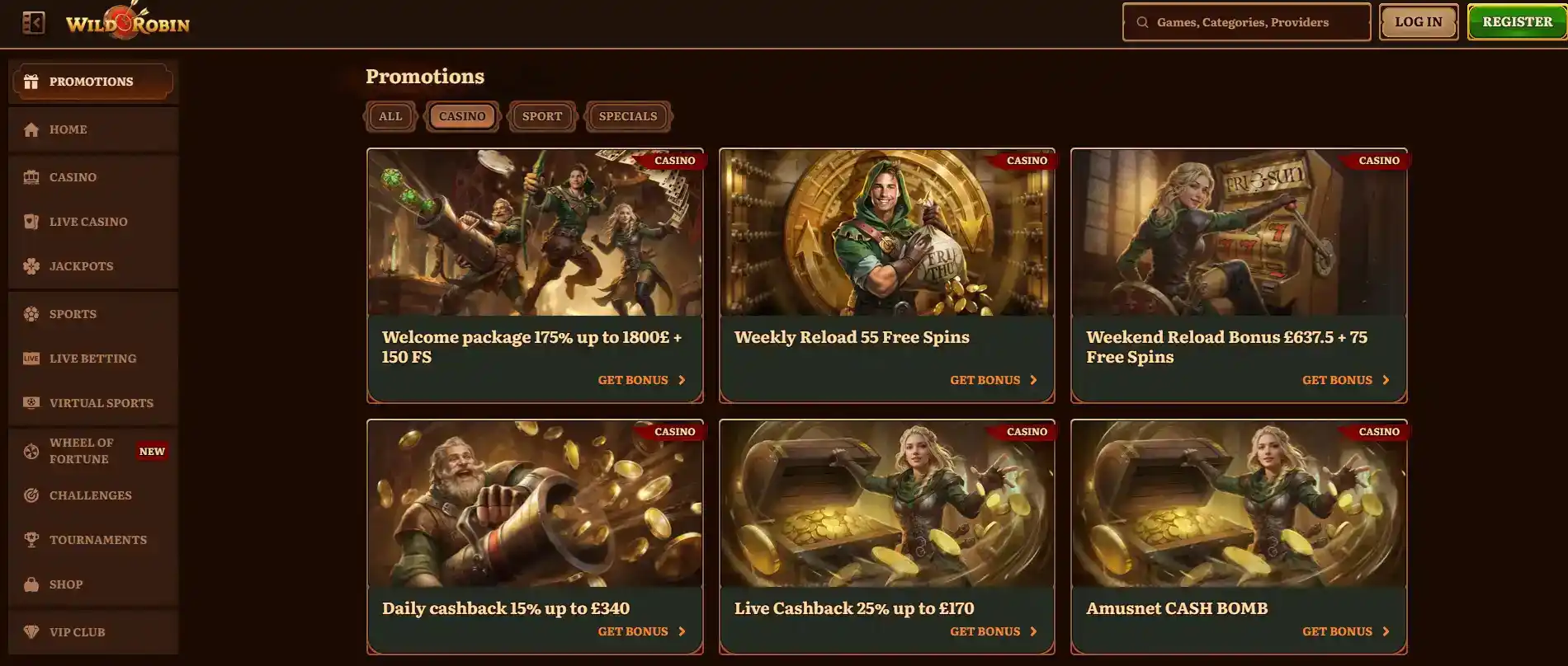 WildRobin casino promotions page showing the welcome package and reload offers