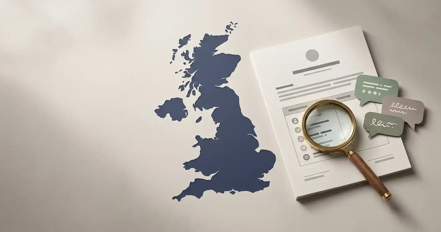 Editorial illustration of a UK map, licence document, register search symbol and review speech bubbles