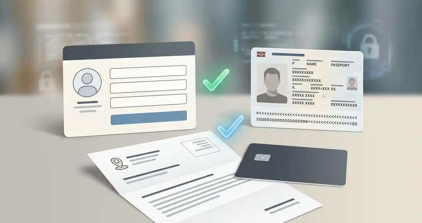 Neutral illustration of online registration, identity documents and secure verification checks