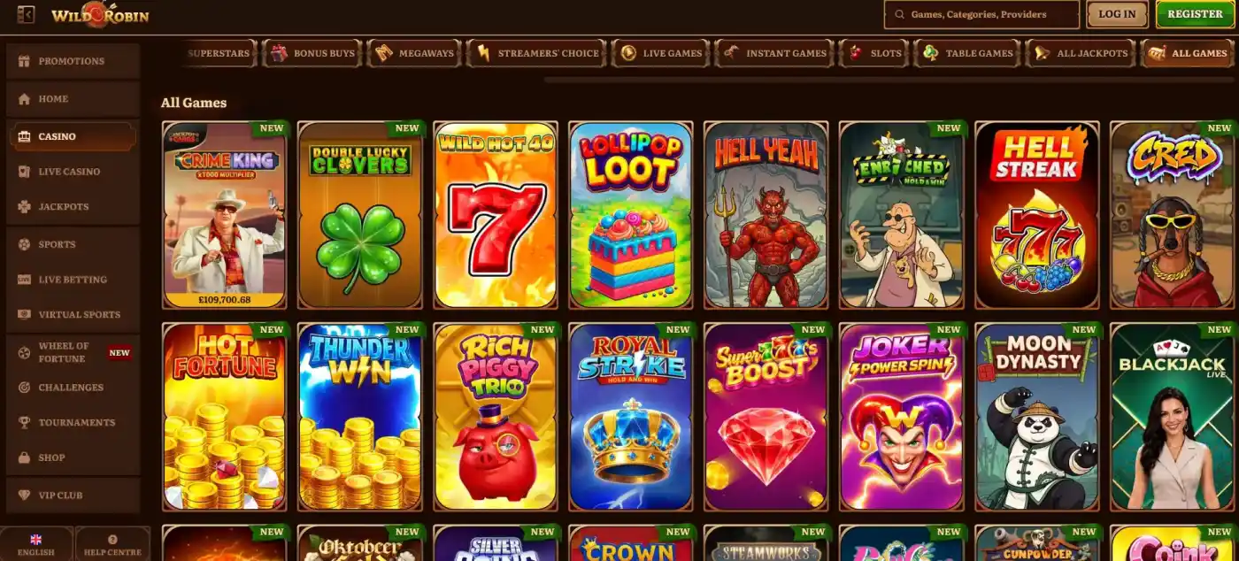 WildRobin games lobby with current casino game categories