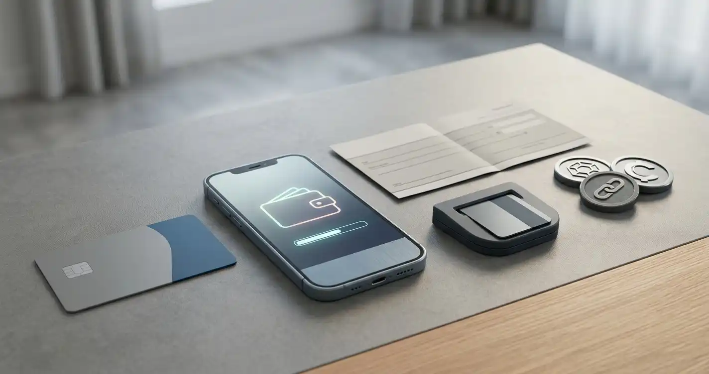 Generic illustration of debit card, e-wallet, bank transfer and cryptocurrency payment categories
