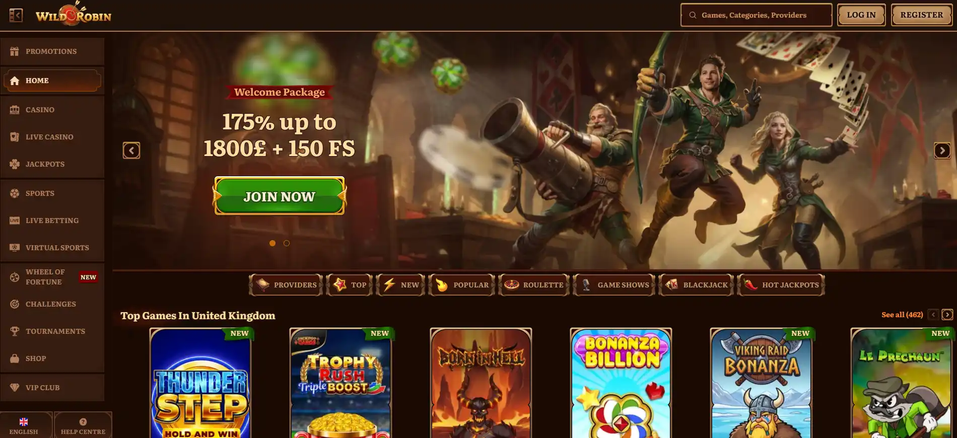 WildRobin casino homepage and game navigation